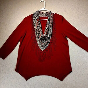 Women's  Burgundy Long Sleeve Blouse w/Detachable Fringed Scarf CK MEASUREMENTS